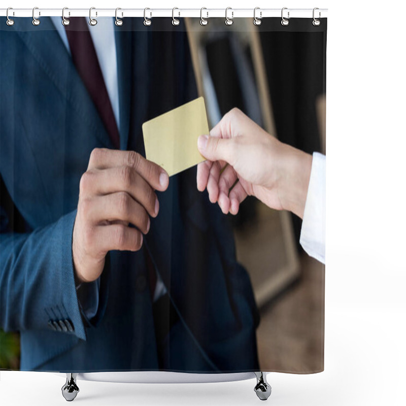 Personality  Businessman And Seller Holding Card In Boutique Shower Curtains