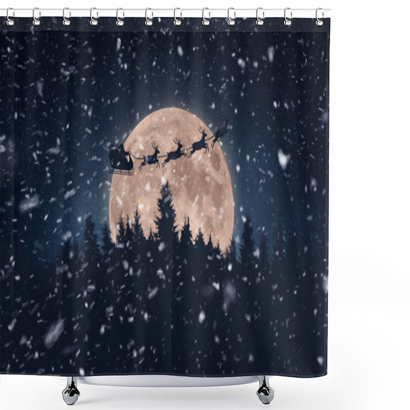 Personality  Santa Claus In A Sleigh With Reindeer Flies Over Snowy Forest In The Night Starry Sky With An Amazing Big Moon With Snow. Magic And Happy New Year 2025, Concept. Night Forest With Full Moon Shower Curtains