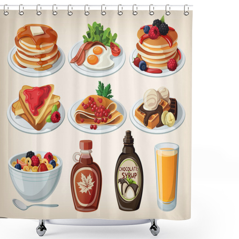 Personality  Classic Breakfast Cartoon Set With Pancakes, Cereal, Toasts And Waffles Shower Curtains