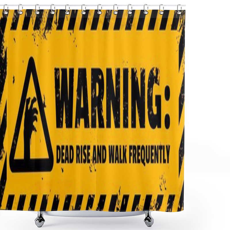 Personality  Zombie Warning Caution, Halloween Monster Apocalypse Vector Outbreak Awareness Banner With Yellow Background, Black Grungy Typography And Creepy Hand Of Corpse Emerging From The Ground Shower Curtains