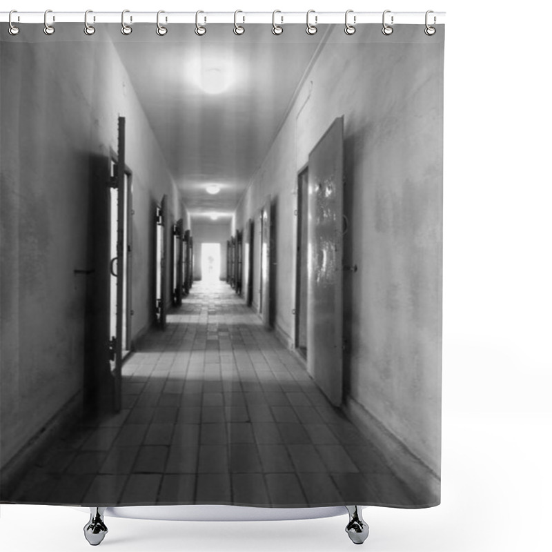 Personality  Corridor With A Lot Of Cells Doors And A Light At The End In Sachsenhausen Concentration Camp In Germany Shower Curtains