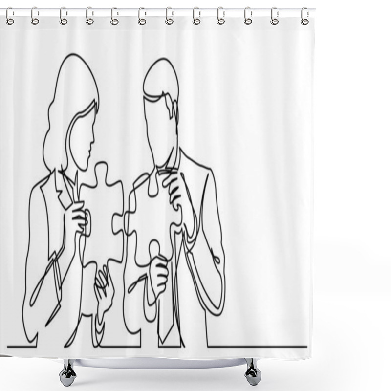 Personality  Continuous Line Drawing Of Two Business Persons Connecting Puzzle Pieces Together Shower Curtains