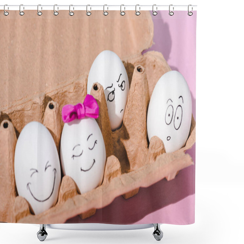 Personality  Eggs With Various Face Expressions In Egg Carton On Pink Shower Curtains