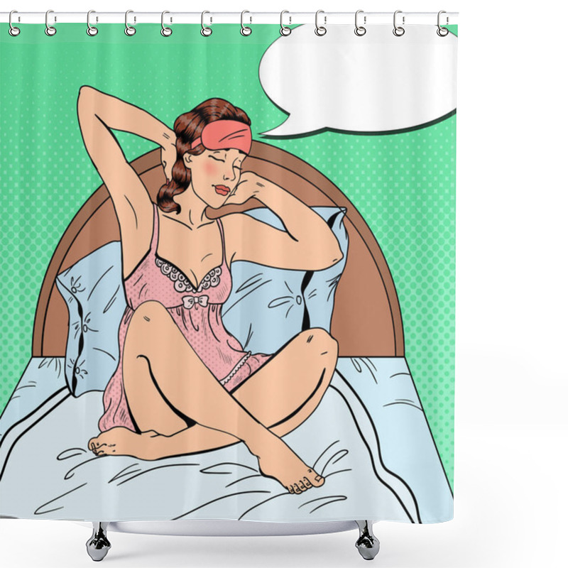 Personality  Pop Art Beautiful Woman Stratching Up After Wake Up In Bed. Vector Illustration Shower Curtains