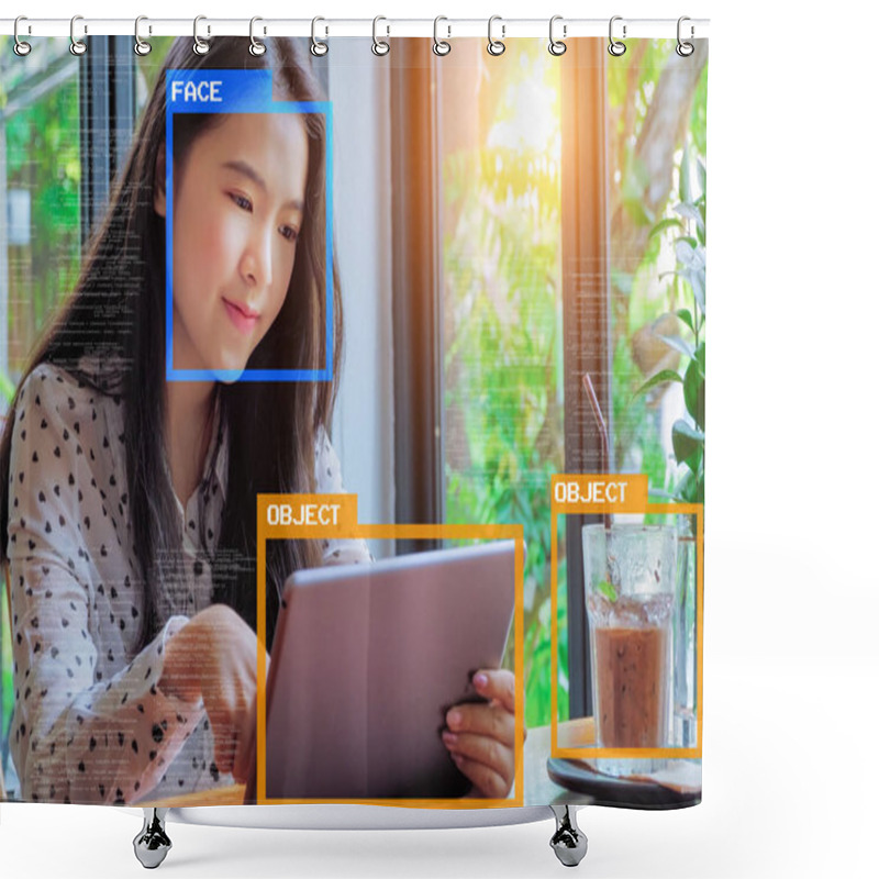 Personality  Machine Learning Analytics Identify Person And Object Technology , Artificial Intelligence Concept. Software UI Analytics And Recognition People And Object. Shower Curtains