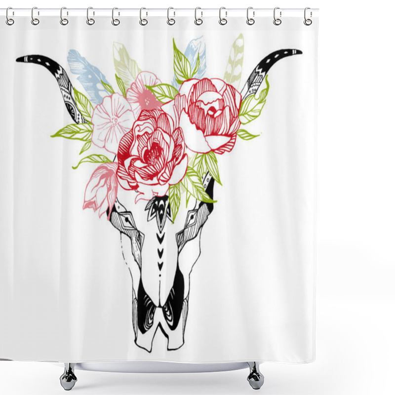 Personality  Cow, Buffalo, Bull Skull In Tribal Style With Flowers. Bohemian, Boho Vector Illustration. Wild And Free Ethnic Gypsy Symbol. Shower Curtains