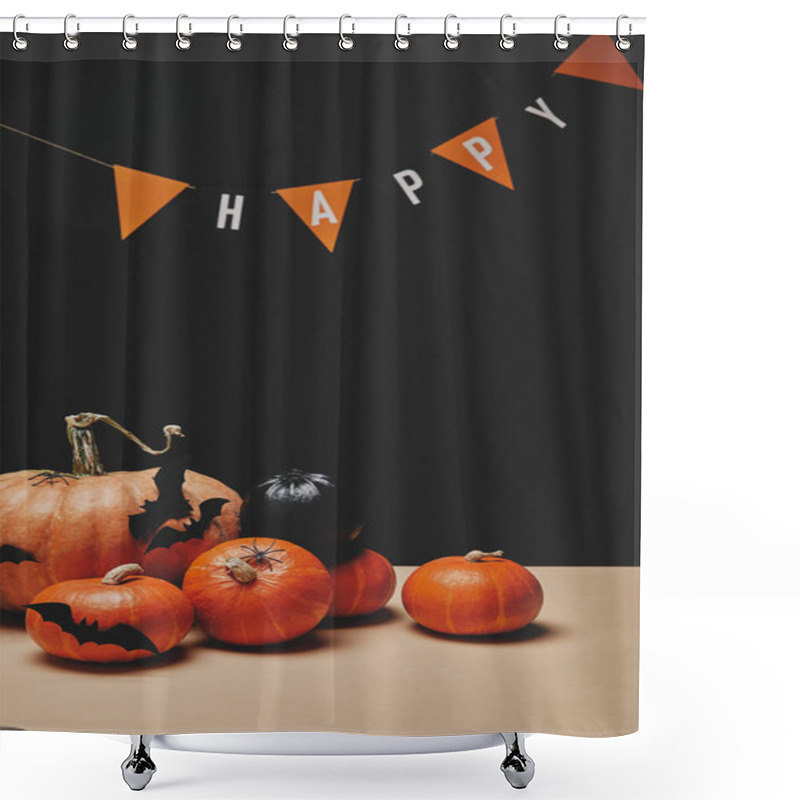 Personality  Pumpkins, Paper Bats And Paper Garland With Word Happy, Halloween Concept Shower Curtains