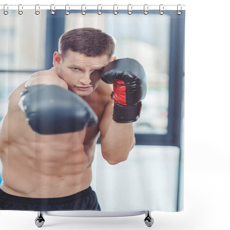 Personality  Young Caucasian Muscular Sportsman Boxing In Gym Shower Curtains