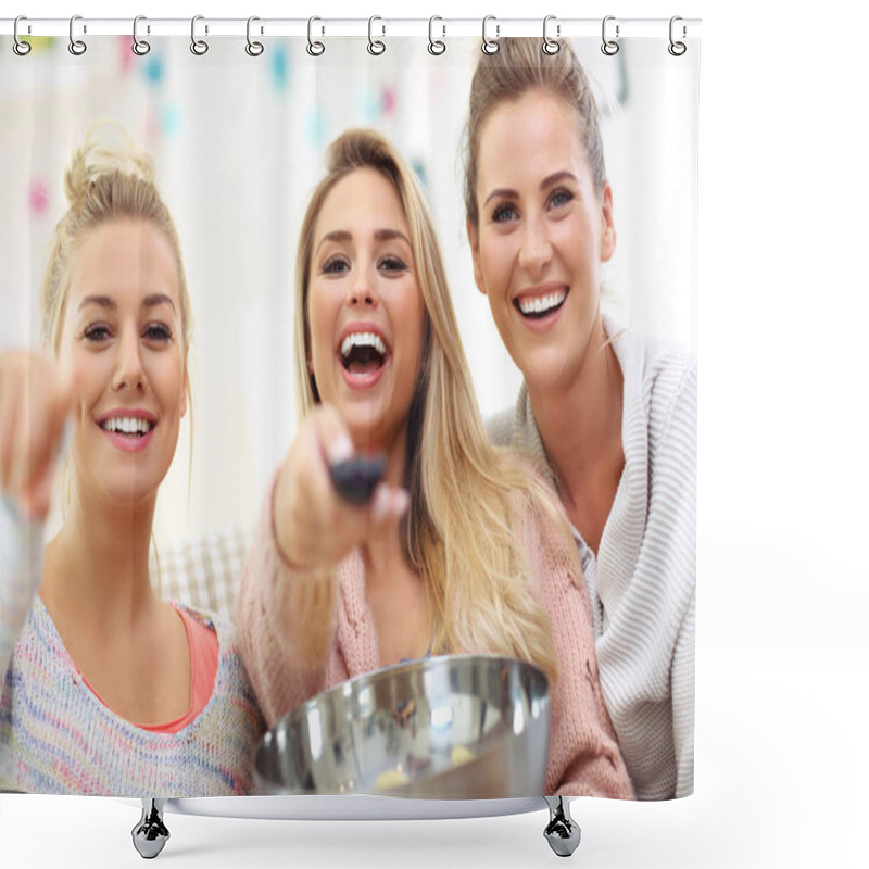 Personality  Three Beautiful Young Women Watching Tv At Home Shower Curtains