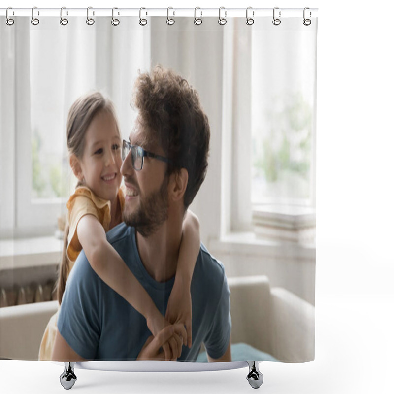 Personality  Happy Young Daddy Piggybacking Cute Daughter Kid, Sitting On Home Sofa, Playing Active Games With Cheerful Girl, Talking, Laughing, Having Fun, Enjoying Family Entertainment, Leisure Shower Curtains