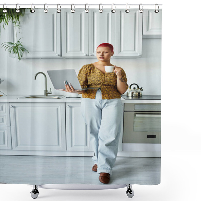 Personality  A Bald Woman Balances A Laptop And Coffee In A Stylish Kitchen. Shower Curtains