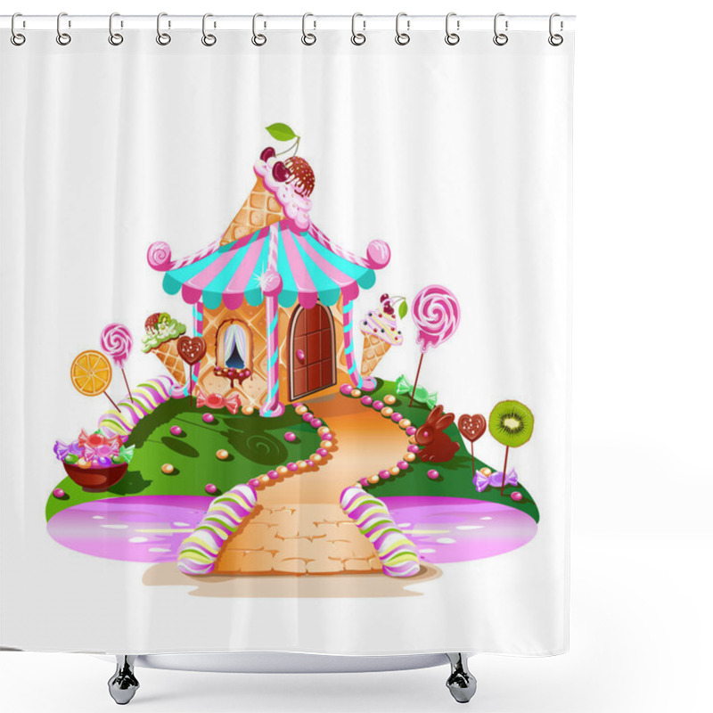 Personality  Sweet House On Candy Land. Fairytale House Surrounded By Sweets, Candies And Fruits. Pink River And A Sweet Bridge. Vector Illustration On A White Background. Shower Curtains