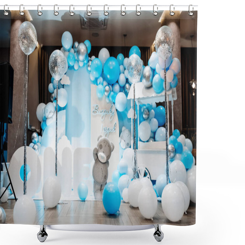 Personality  Festive Background Decoration Letters Saying One And White Blue Balloons In Studio. Baby Birthday Theme With Teddy Bear. Baby Boy. Cake Smash First Year Concept. Birthday Greetings. Candy Bar. Shower Curtains