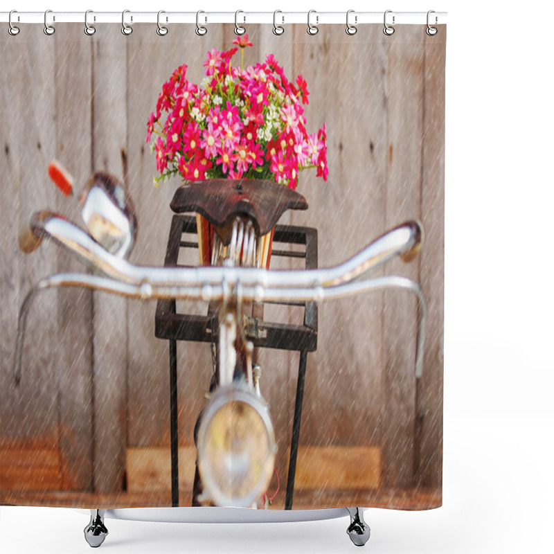 Personality  Artificial Flowers On Bicycle In Rainy Day Shower Curtains