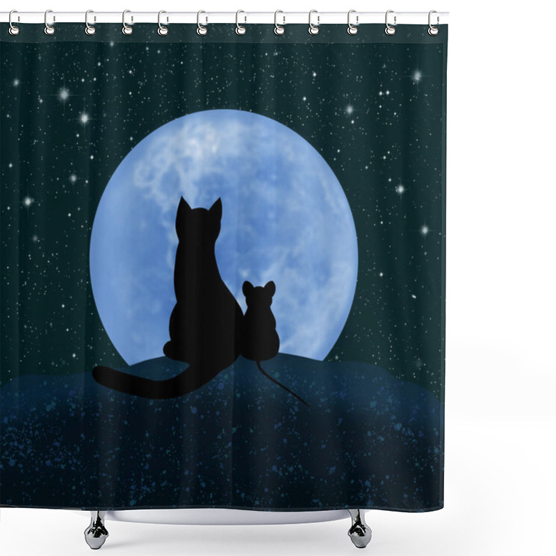 Personality  Cat And Mouse Looking At The Moon And The Starry Sky. Blurred Moon. Shower Curtains