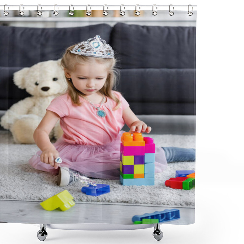 Personality  Girl In Costume Of Princess Playing With Magic Wand And Building Blocks Near Blurred Teddy Bear Shower Curtains