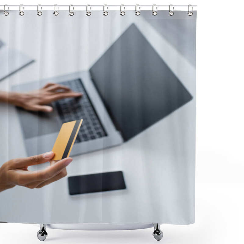 Personality  Cropped View Of African American Woman Holding Credit Card And Using Laptop With Blank Screen At Home  Shower Curtains