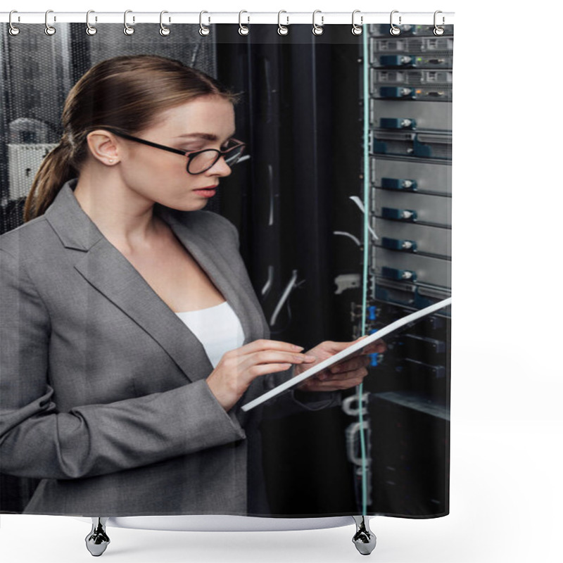 Personality  Beautiful Businesswoman Using Digital Tablet Near Server Rack  Shower Curtains