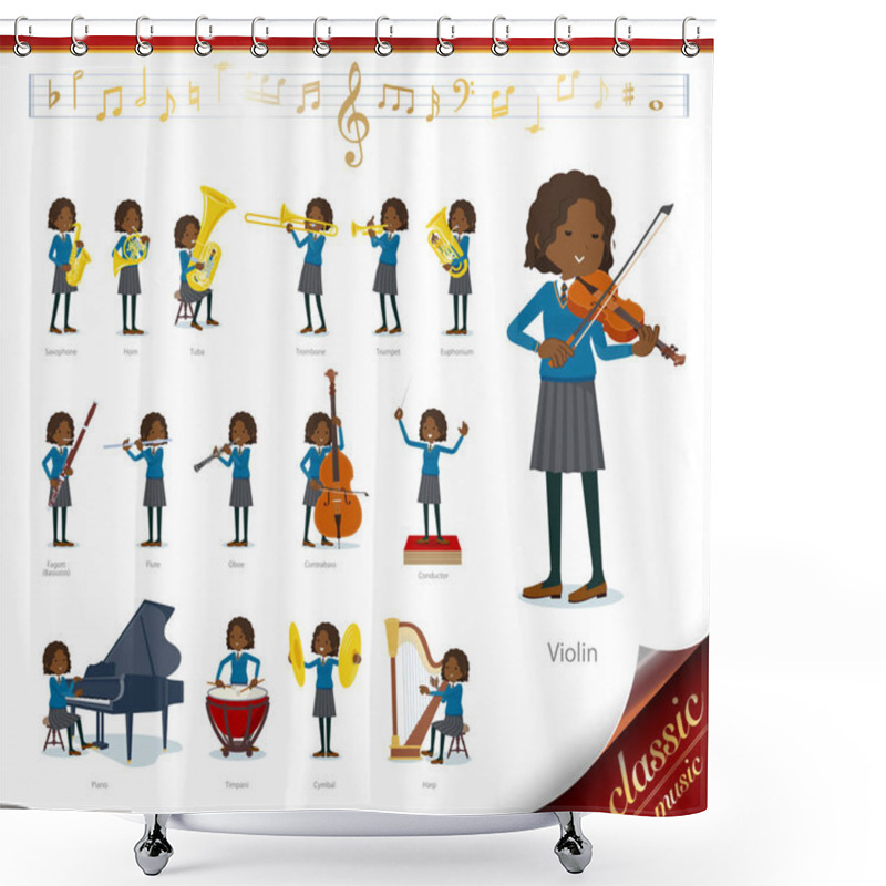 Personality  A Set Of School Girl On Classical Music Performances.There Are Actions To Play Various Instruments Such As String Instruments And Wind Instruments.It's Vector Art So It's Easy To Edit. Shower Curtains