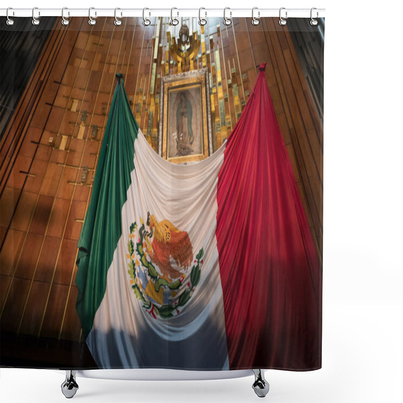 Personality  Image Of The Virgin Of Guadalupe And A Mexican Flag At The Basil Shower Curtains