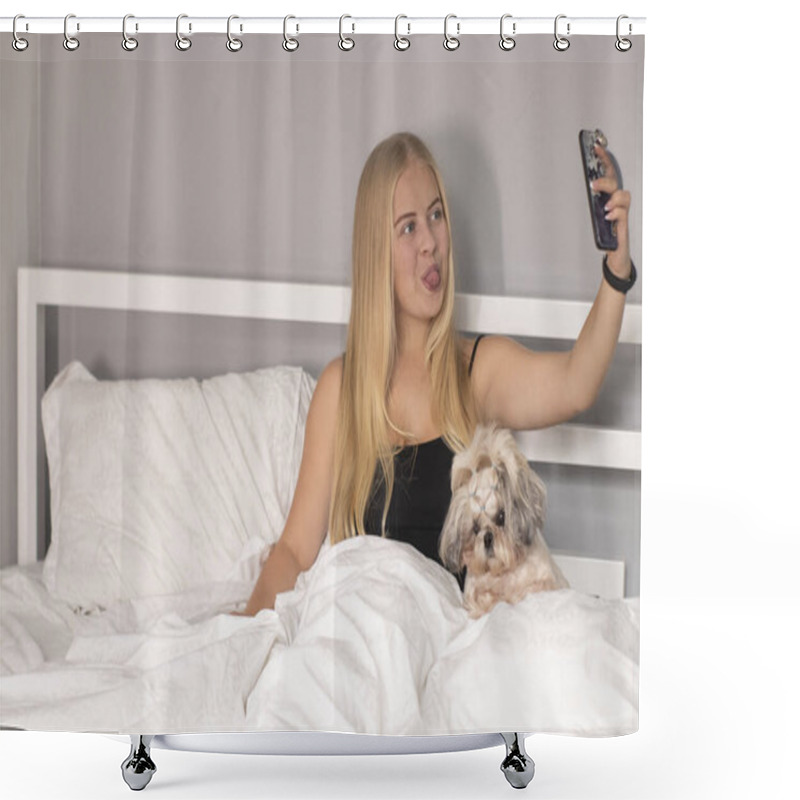 Personality  Beautiful Blonde With A Puppy Shih-tzu And A Phone On Bed With White Sheets. Pretty People And Pets On Isolation Shower Curtains