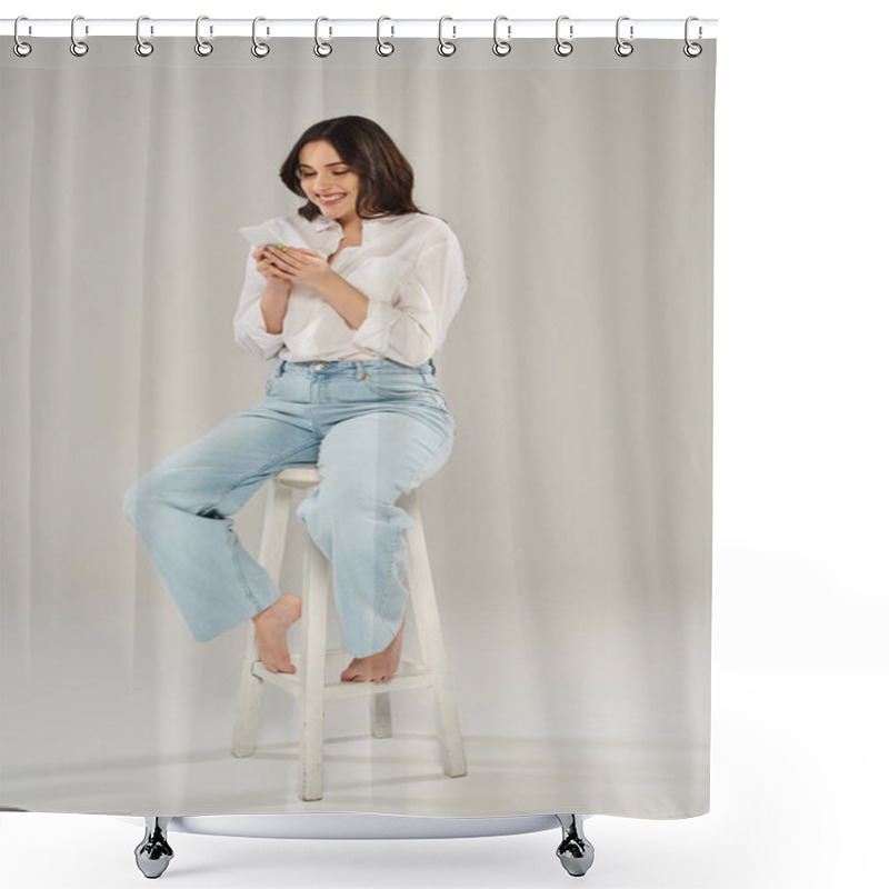 Personality  A Plus Size Woman Exudes Elegance, Sitting Atop A Sleek White Stool Against A Neutral Gray Backdrop. Shower Curtains