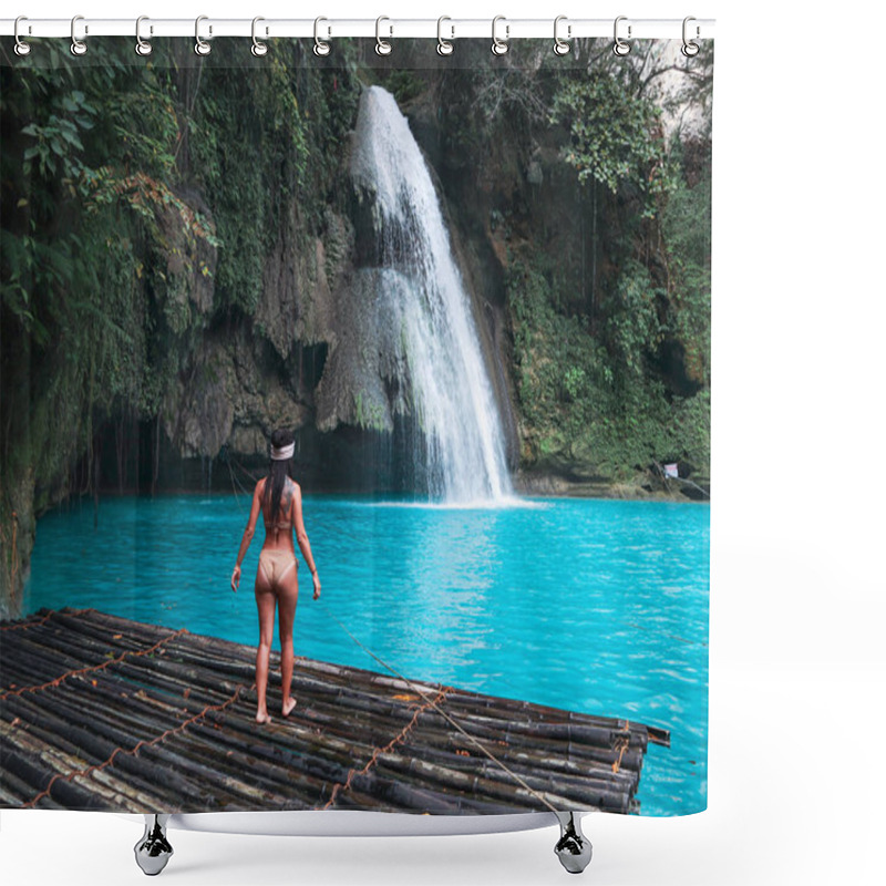 Personality  Fit Woman Alone On The Bamboo Raft In Front Of The Waterfall With Turquoise Water In Kawasan Falls In Cebu Island, Philippines Shower Curtains