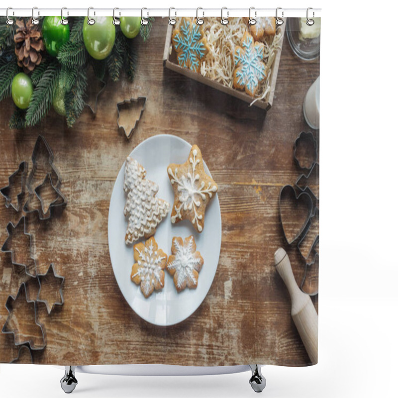 Personality  Flat Lay With Christmas Cookies On Plate On Wooden Surface With Christmas Decorative Wreath, Rolling Pin And Cookie Cutters Shower Curtains