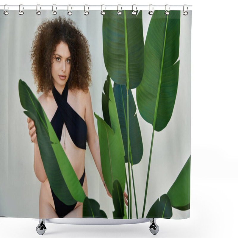 Personality  A Woman With Curly Hair Wears A Black Swimsuit And Poses Beside A Lush Tropical Plant. Shower Curtains