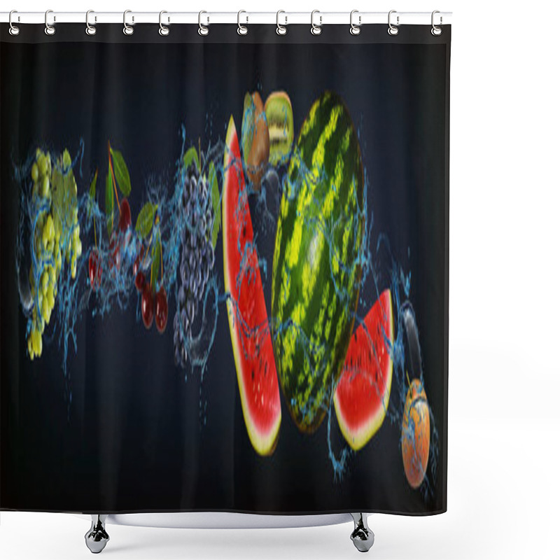 Personality  Panorama With Fruits In Water - Juicy Grapes, Cherries, Watermelons, Pears - A Charge Of Vivacity And Health For A Person Shower Curtains