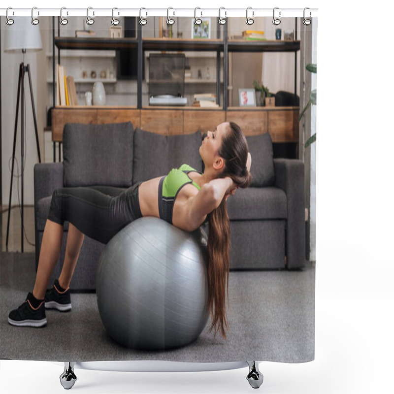 Personality  Focused Sportswoman Exercising With Fitness Ball At Home Shower Curtains