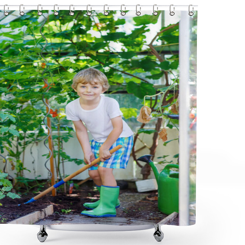 Personality  Little Kid Boy Working With Garden Hoe In Greenhouse Shower Curtains