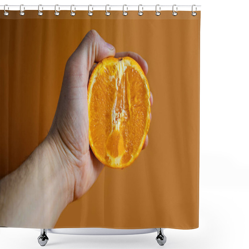 Personality  Woman's Hands Holding Halves Of Orange On Yellow Orange Background. Shower Curtains