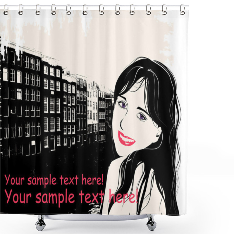 Personality  Fashion Girl In Sketch Style On A City-background. Place For Yo Shower Curtains