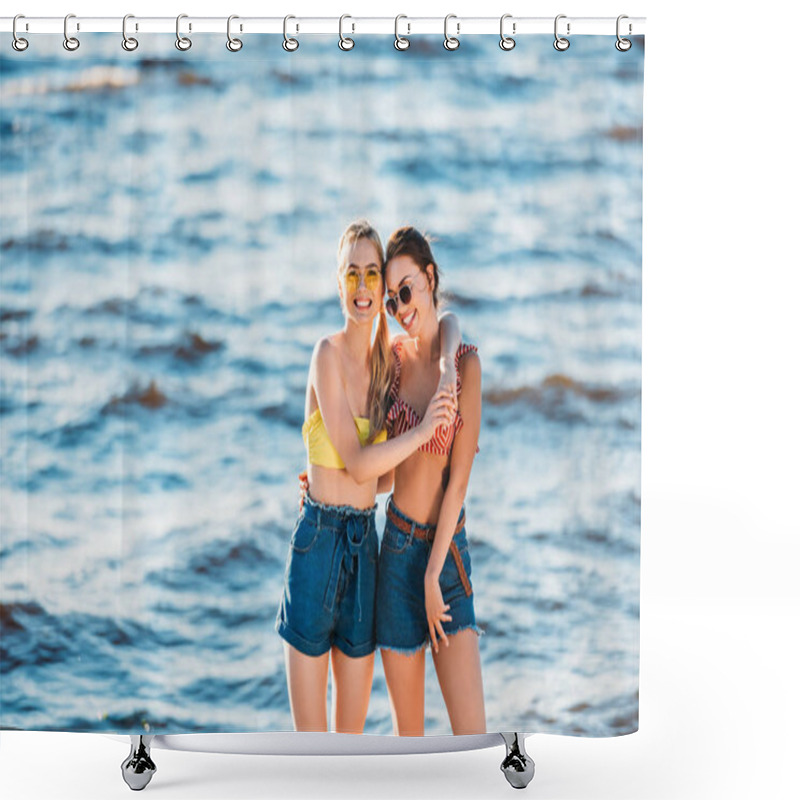 Personality  Beautiful Happy Young Girlfriends Embracing And Smiling Near Sea Shower Curtains