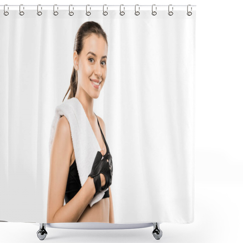 Personality  Portrait Of Beautiful Sportswoman In Weightlifting Gloves With White Towel Isolated On White Shower Curtains