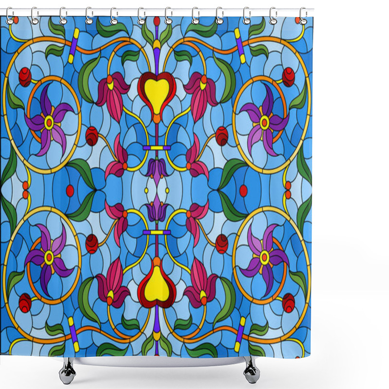 Personality  Illustration In Stained Glass Style With Abstract  Swirls,flowers And Leaves  On A Blue Background,horizontal Orientation Shower Curtains