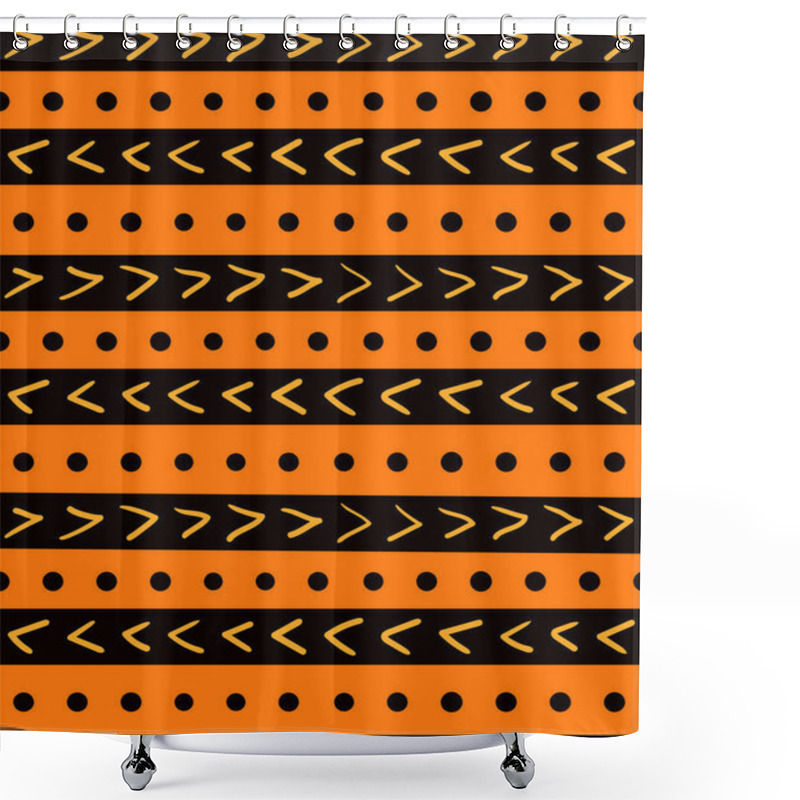 Personality  Hand Drawn Seamless Geometric Pattern With Stripes And Dots With Arrows In Black And Orange Colors. Vector Illustration. Flat Style Design. Concept For Kids Textile Print Shower Curtains