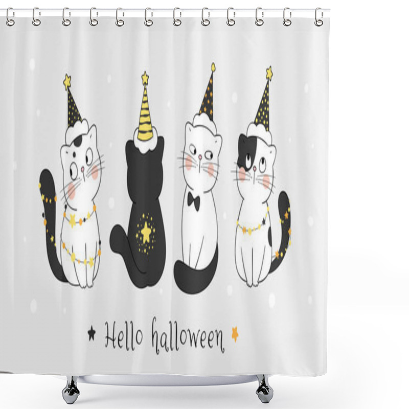 Personality   Greeting Card With Drawn In Doodle Cartoon Style Cute Cats Wearing Witch Hats With Stars,  Halloween Day Concept   Shower Curtains