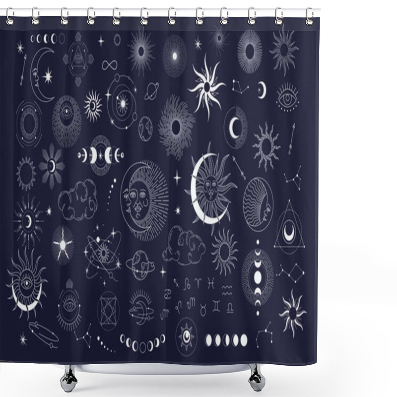 Personality  Set Of Celestial Mystic Esoteric Magic Elements Sun Moon And Clouds Different Stages Of Moon, Zodiac Signs. Alchemy Tattoo Object Logo Template. Vector Shower Curtains