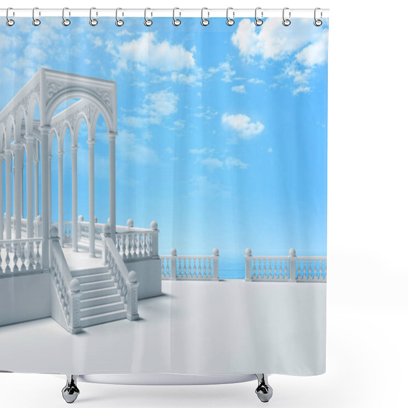 Personality  Balustrade With Columns, Stairway And Arches On The Embankment 3D Rendering Shower Curtains