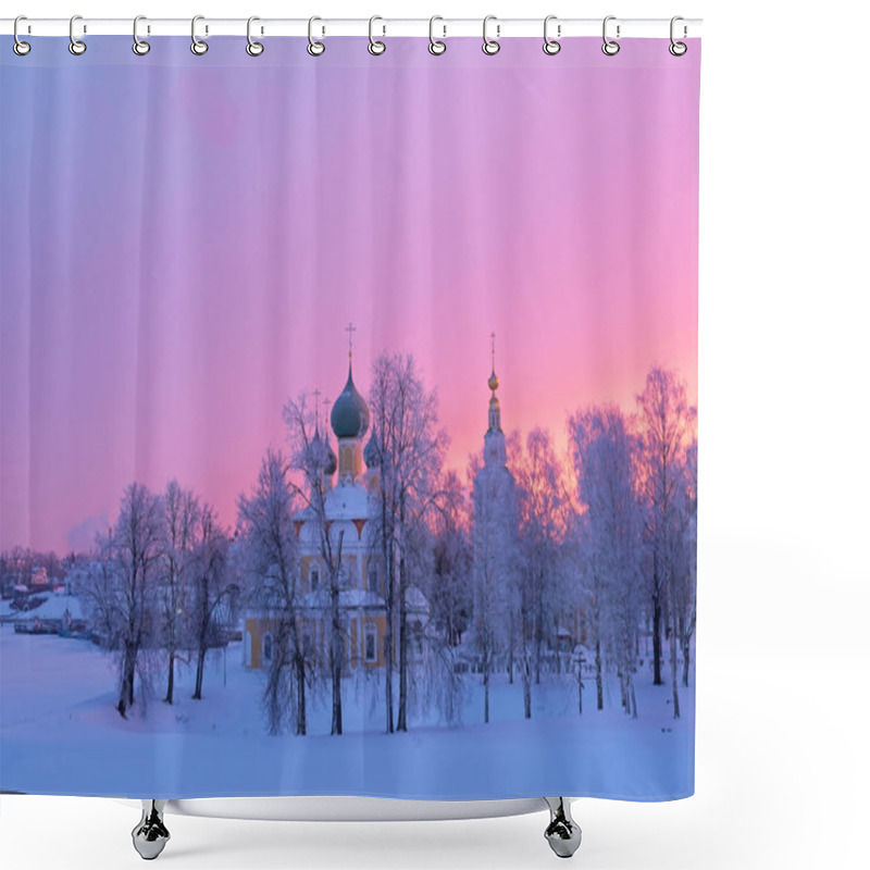 Personality  Transfiguration Cathedral Of The Uglich Kremlin In The Background Of A Winter Sunrise, Russia Shower Curtains