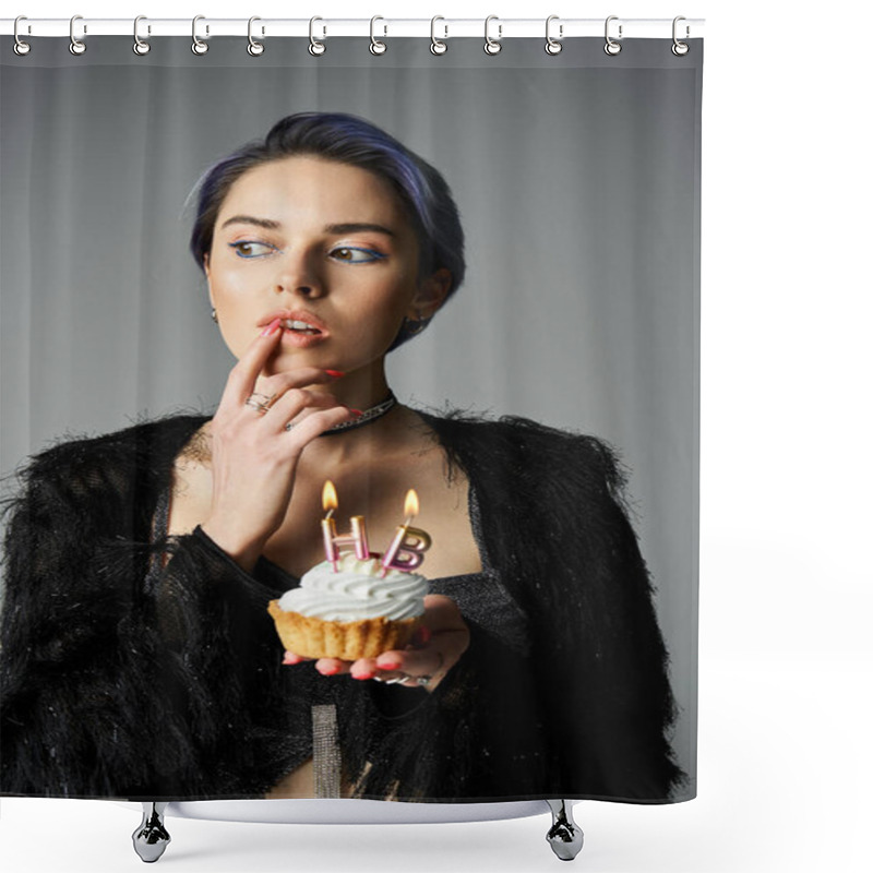 Personality  A Young Woman In Stylish Attire Holds A Cupcake With Lit Candles, A Birthday Girl Ready To Make A Wish. Shower Curtains