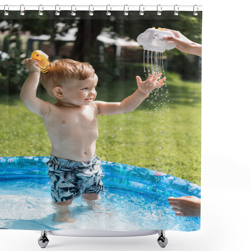 Personality  Happy Toddler Boy In Swim Trunks Near Mother Holding Rubber Toy And Pouring Water Outside Shower Curtains