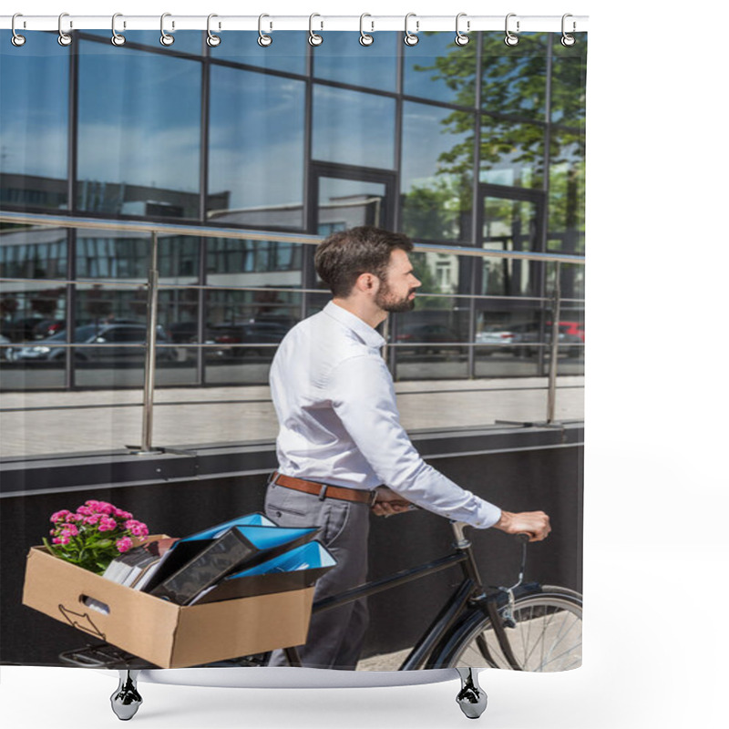 Personality  Young Manager With Box Of Personal Stuff On Bicycle Looking Away Shower Curtains