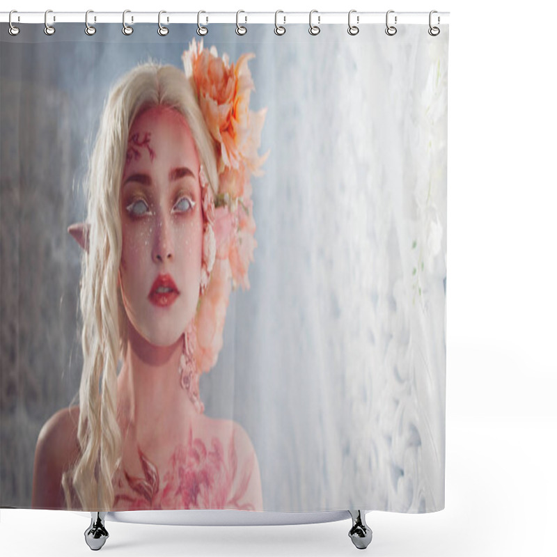 Personality  Mysterious Elf Girl. Creative Pink Makeup. Elvish Ears. Shower Curtains