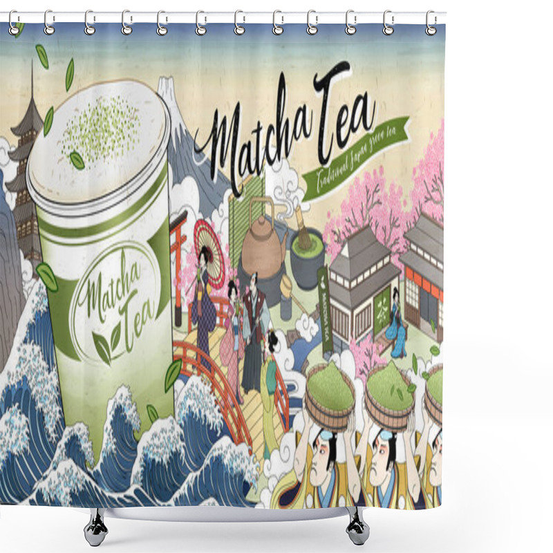 Personality  Ukiyo-e Matcha Tea Ads With Giant Takeaway Cup Floating Upon Ocean Tides, Tea Word Written In Japanese Kanji Shower Curtains