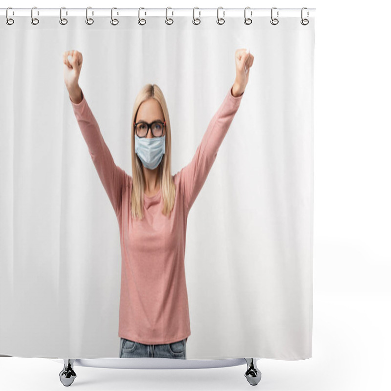 Personality  Woman In Eyeglasses And Medical Mask Showing Yeah Gesture Isolated On Grey Shower Curtains