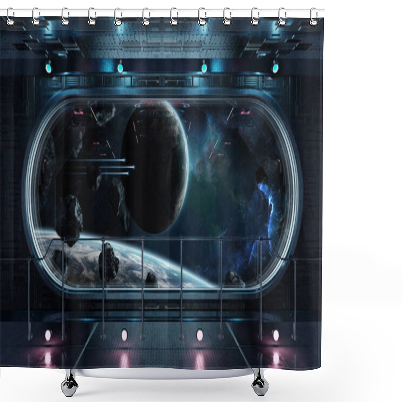 Personality  Black Tech Spaceship Round Window Interior With View On Distant Planets System 3D Rendering Elements Of This Image Furnished By NASA Shower Curtains