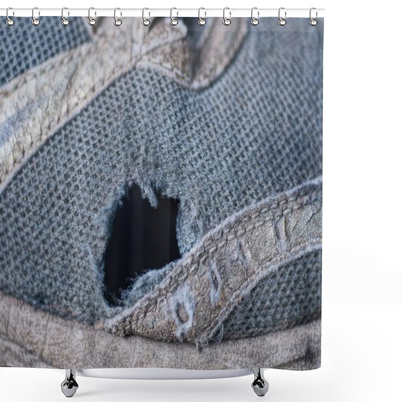 Personality  One Big Black Hole On The Gray Fabric Of An Old Sneaker Shower Curtains